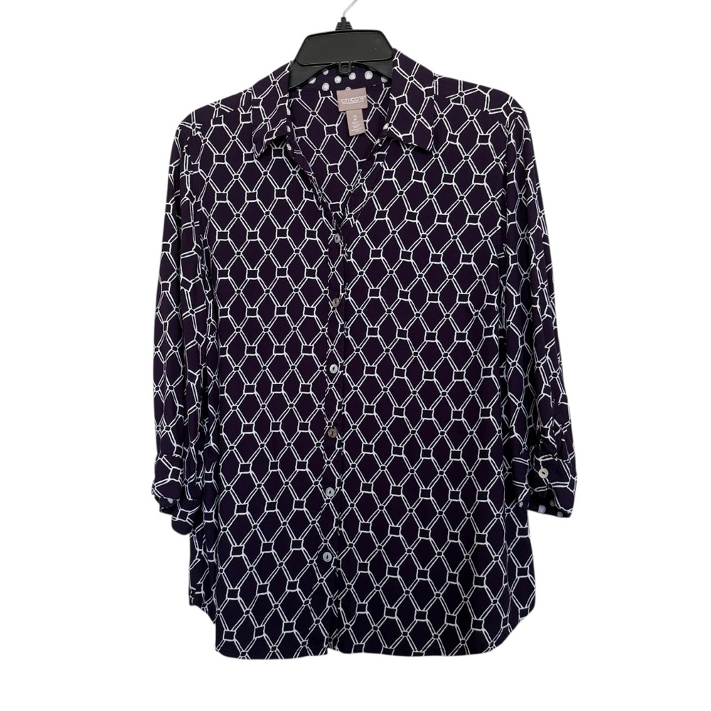 Chico's Purple and White Geometric Blouse Sz 2(L) 3/4 Sleeve